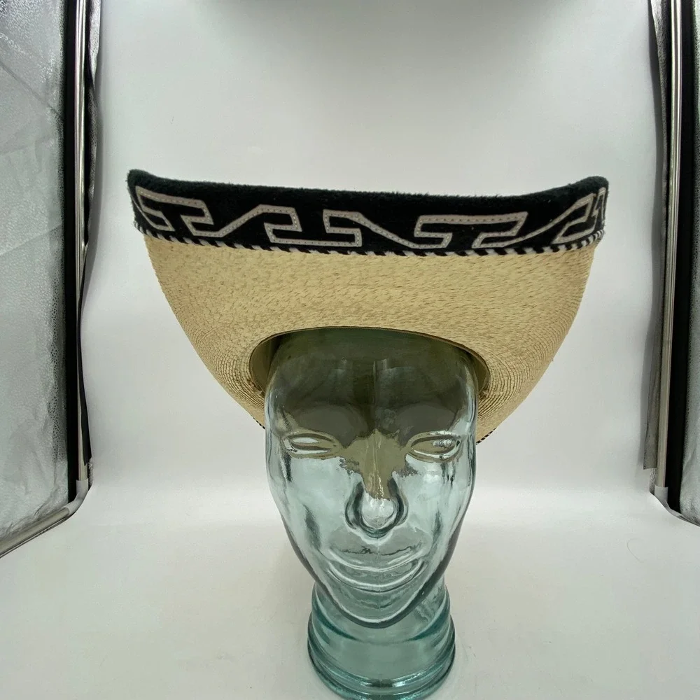 Large Straw Cowboy Hat Beige Black Greek Key Trim Western Rodeo Festival Charro